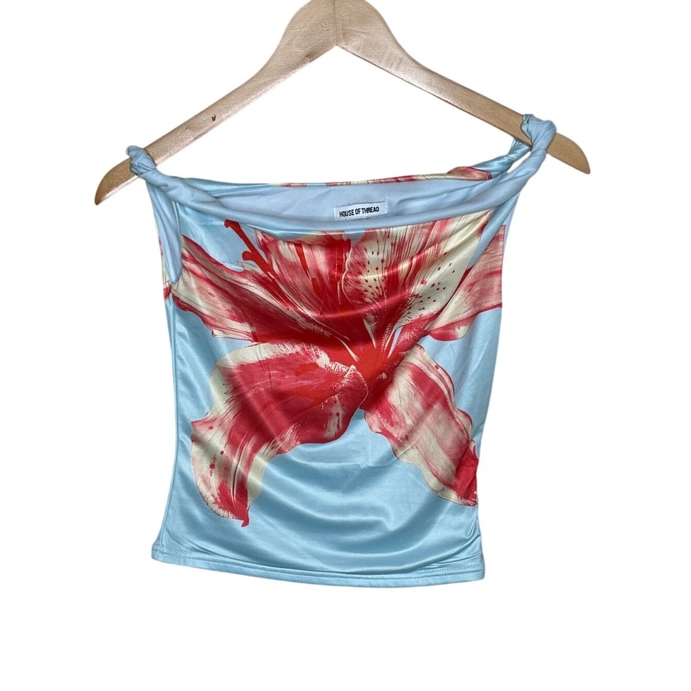 House of Thread Floral Graphic Drape Neck Top size Small Light Blue/Red